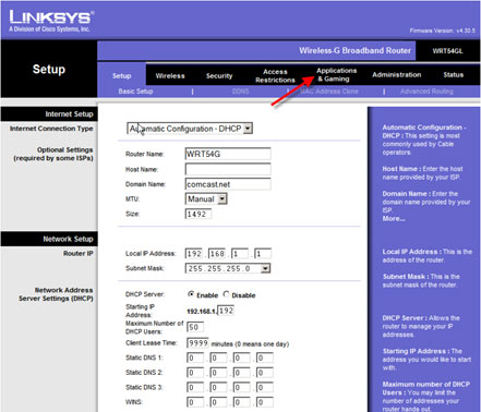 Linksys WRT54G Main Page